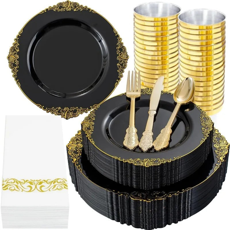 350PCS Black and Gold Plastic Plates - Black Plastic Dinnerware Sets for 50 Guests