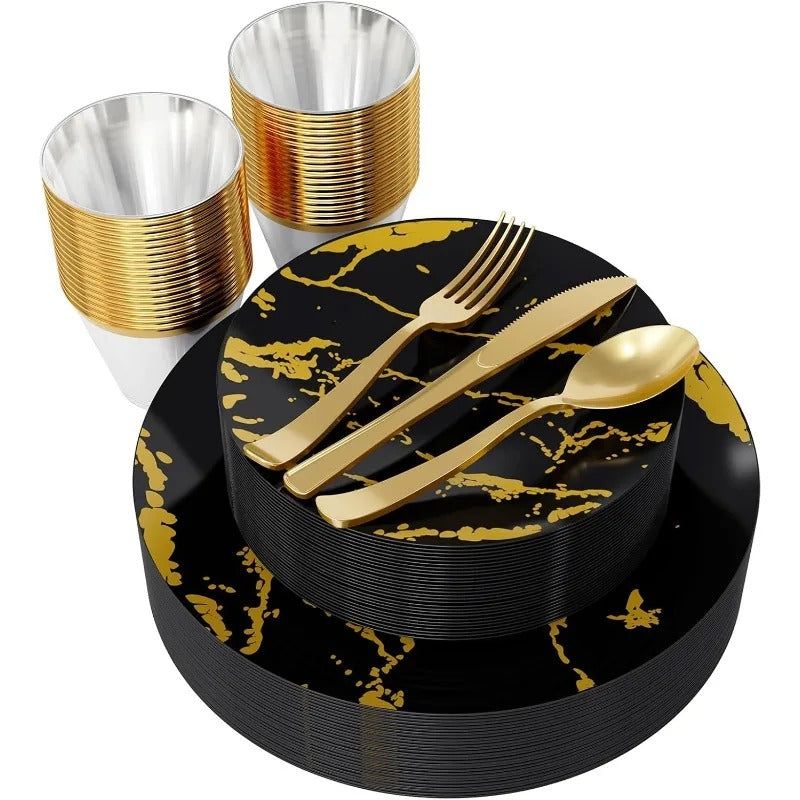 180PCS Disposable Dinnerware Set 30 Guest, 60 Black and Gold Plastic Plates, 30 Plastic Silverware, 30 Plastic Cups