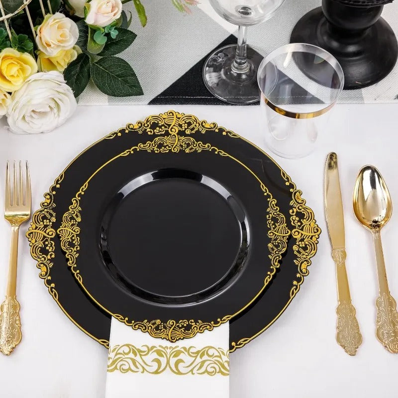 350PCS Black and Gold Plastic Plates - Black Plastic Dinnerware Sets for 50 Guests