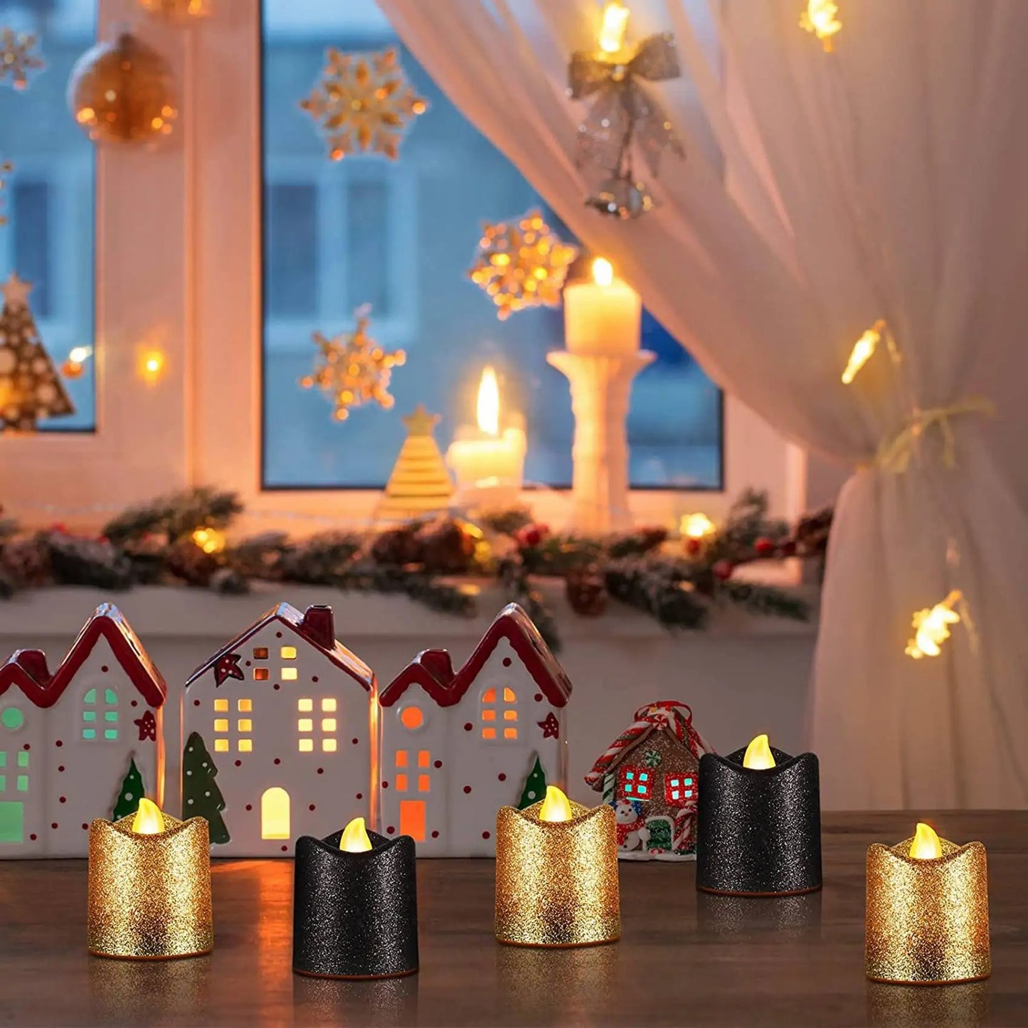 24 Packs Gold Flameless Votive Candles Black Glitter LED