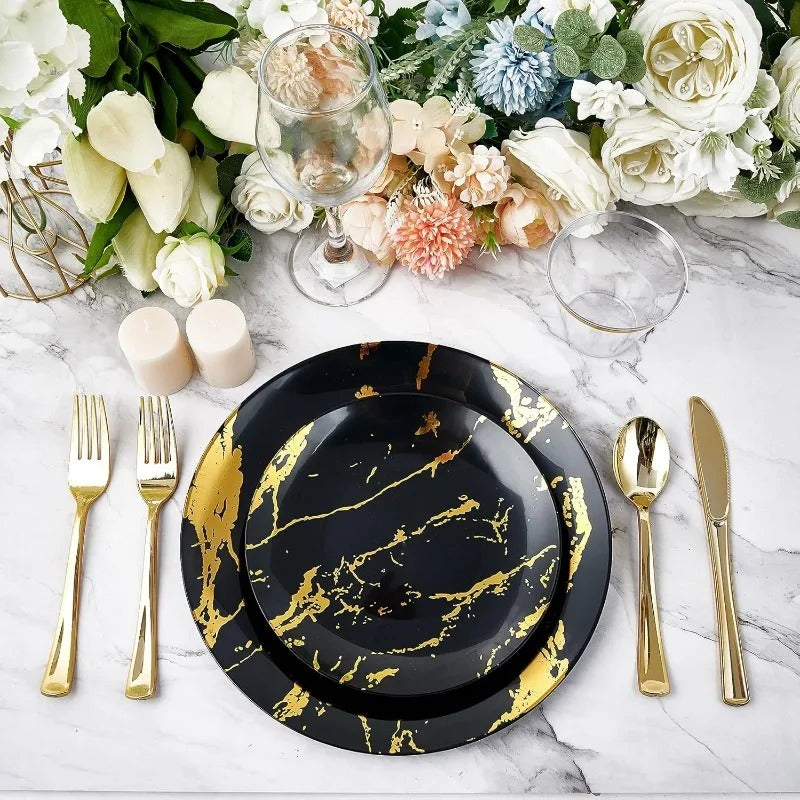 180PCS Disposable Dinnerware Set 30 Guest, 60 Black and Gold Plastic Plates, 30 Plastic Silverware, 30 Plastic Cups