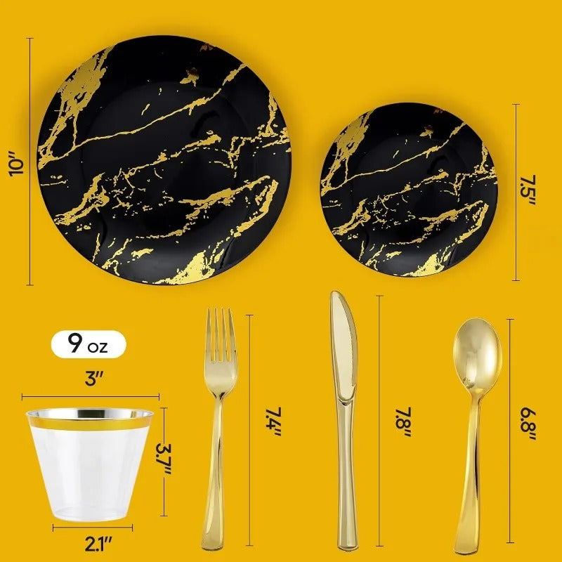 180PCS Disposable Dinnerware Set 30 Guest, 60 Black and Gold Plastic Plates, 30 Plastic Silverware, 30 Plastic Cups