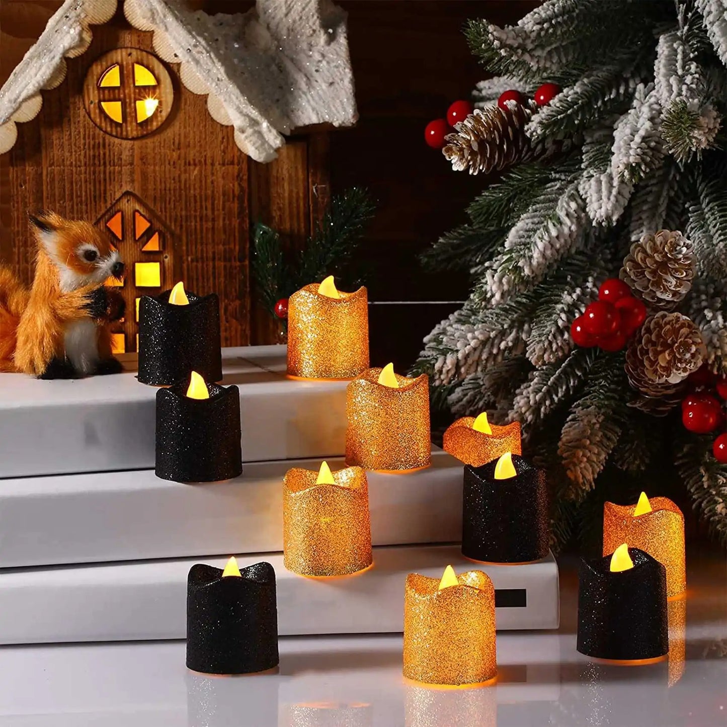 24 Packs Gold Flameless Votive Candles Black Glitter LED