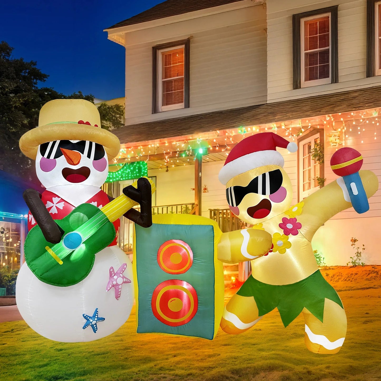 Christmas Blow Ups Snowman & Gingerbread Man Hold Concert with LED Lights