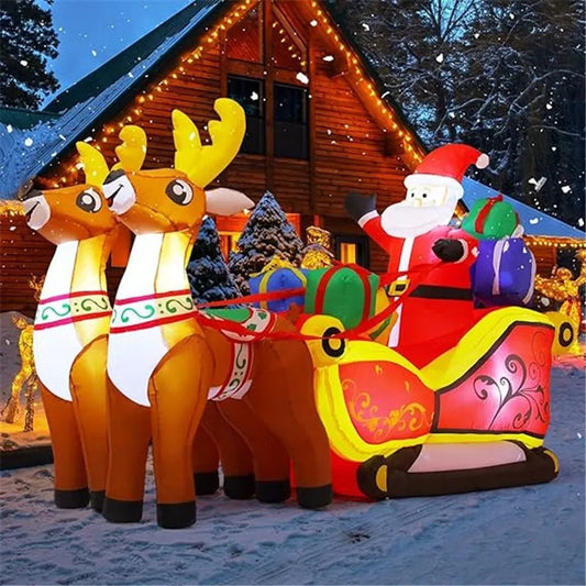 2.1m Long Christmas Decoration Inflatable Santa Reindeer Sled Built-in LED Lights Ornament Xmas Party New Year Garden Decor