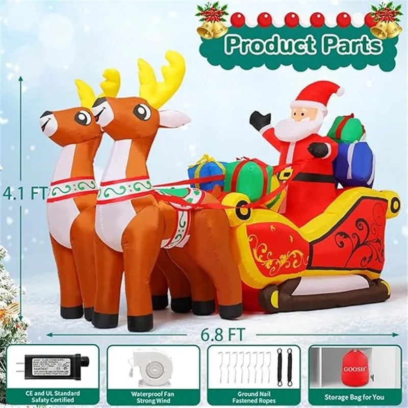 2.1m Long Christmas Decoration Inflatable Santa Reindeer Sled Built-in LED Lights Ornament Xmas Party New Year Garden Decor