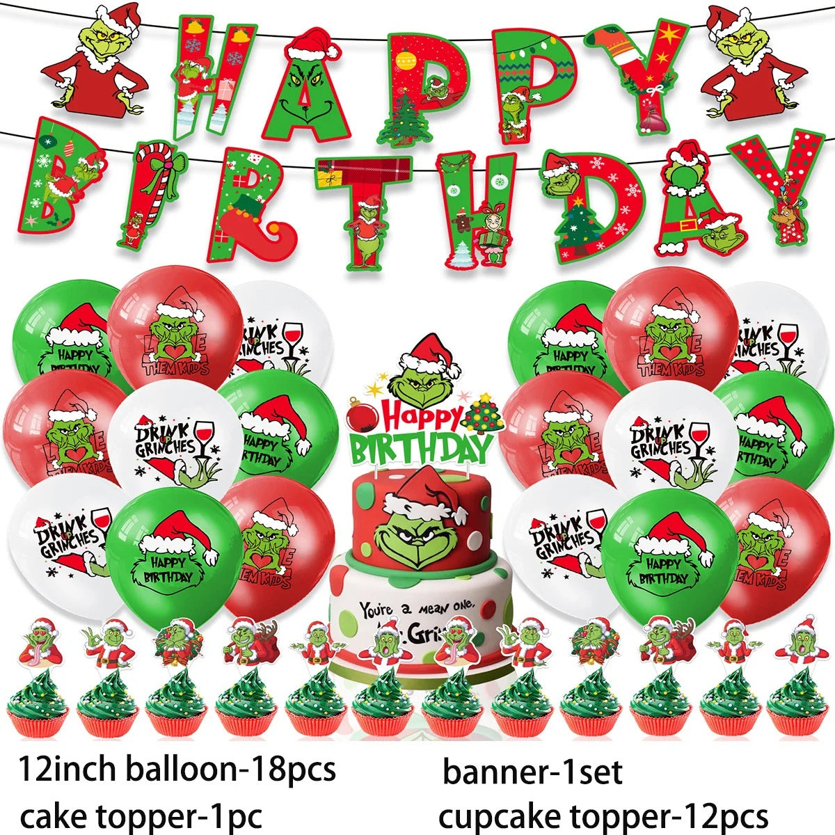 Green-Grinched  Birthday Party Supplies Decor Christmas