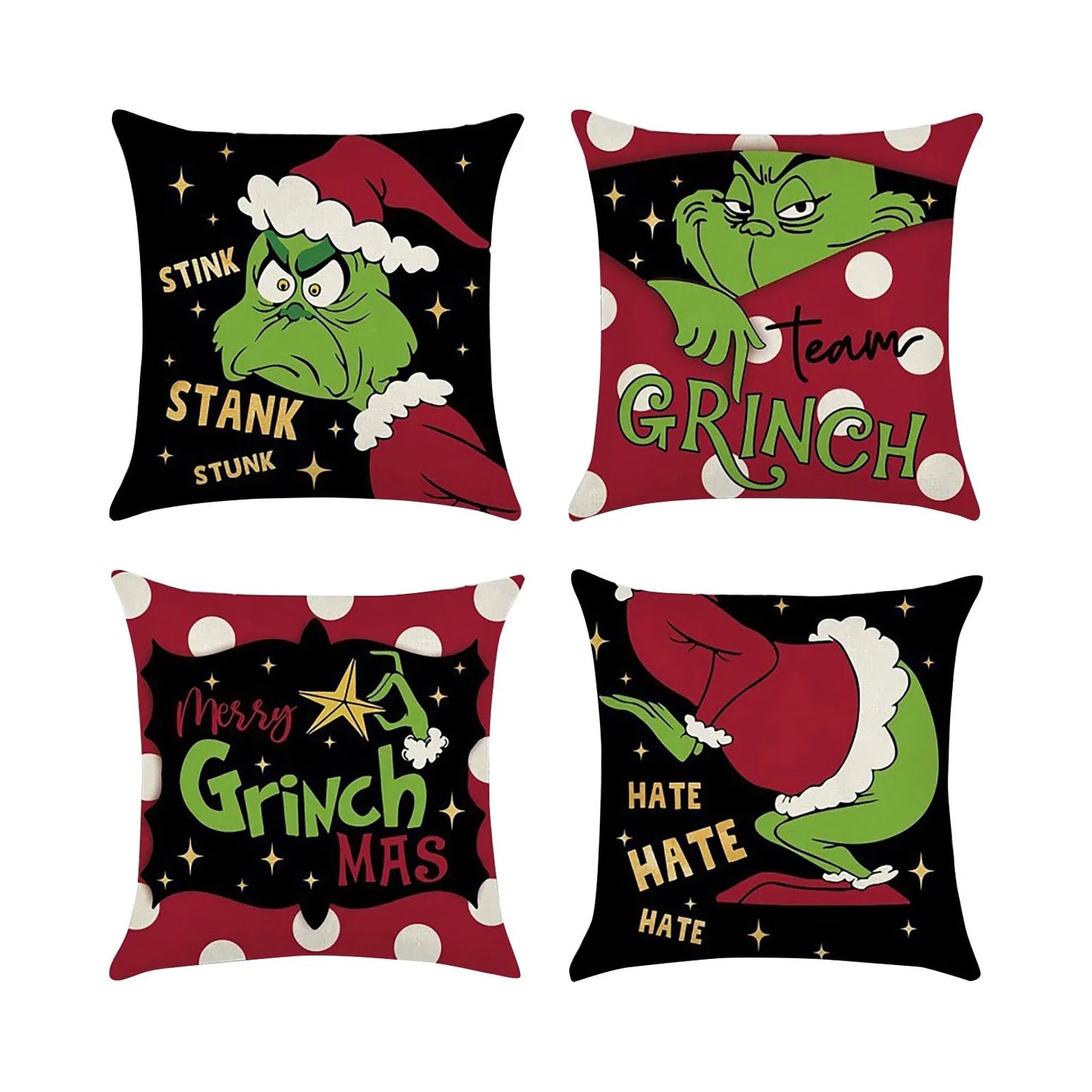 4PCS Christmas/Grinch Happy Throw Pillow Cover, 18 X 18 Inch, Winter Holiday Cushion Cover Sofa Decor