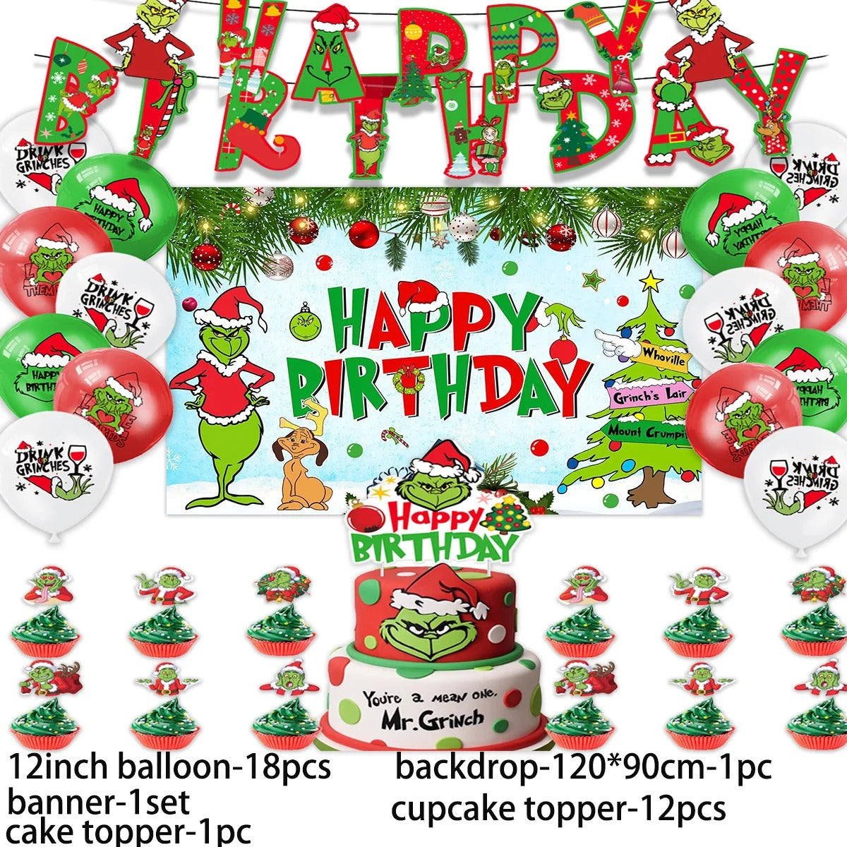 Green-Grinched  Birthday Party Supplies Decor Christmas