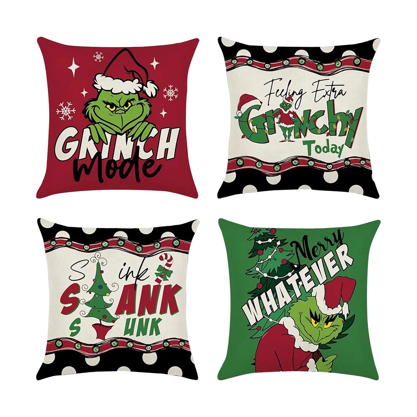 4PCS Christmas/Grinch Happy Throw Pillow Cover, 18 X 18 Inch, Winter Holiday Cushion Cover Sofa Decor