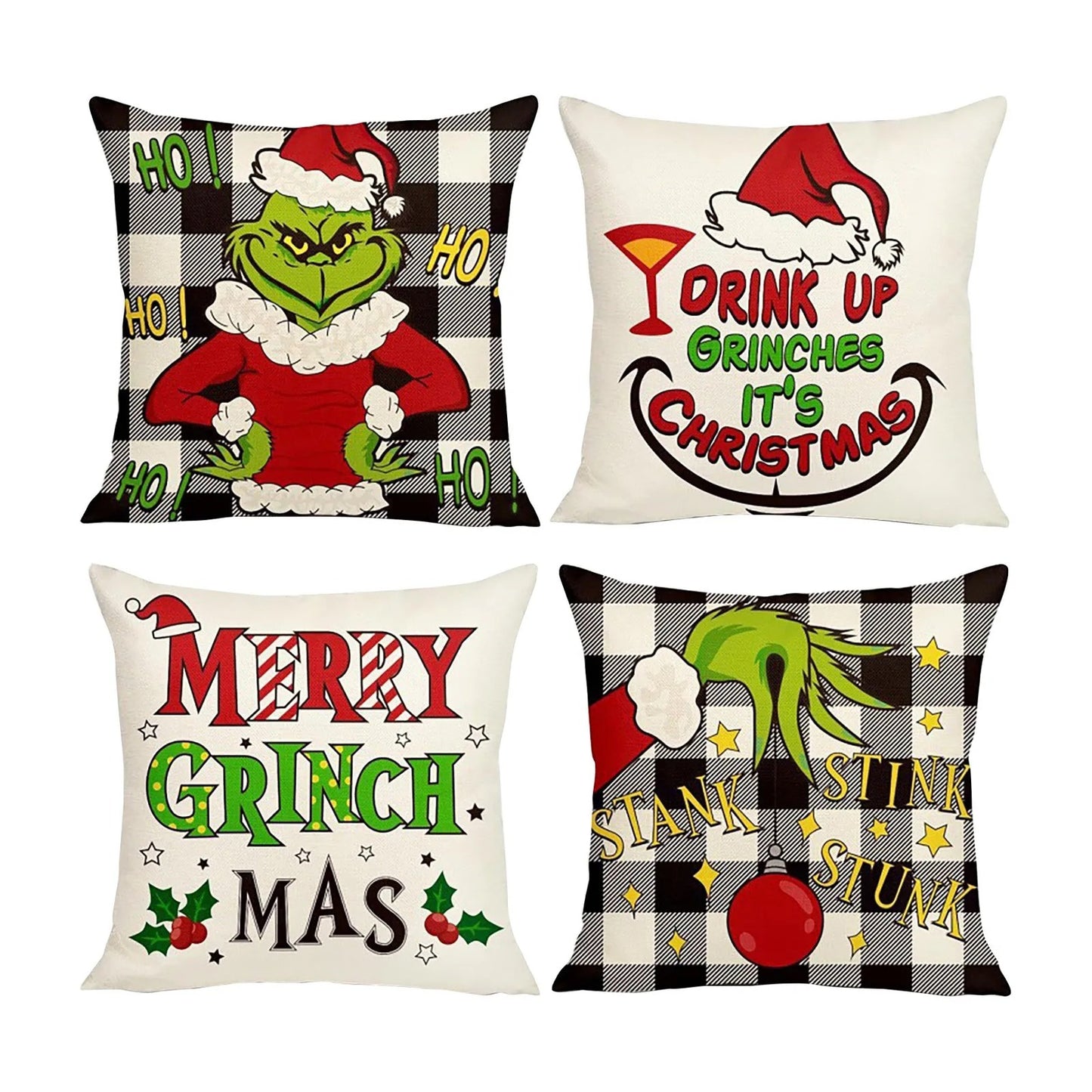 4PCS Christmas/Grinch Happy Throw Pillow Cover, 18 X 18 Inch, Winter Holiday Cushion Cover Sofa Decor