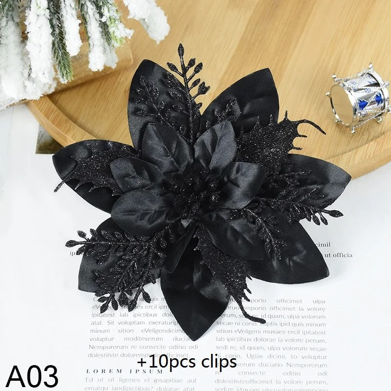 Black Christmas Glitter Flowers with Clips 5 or 10 pcs