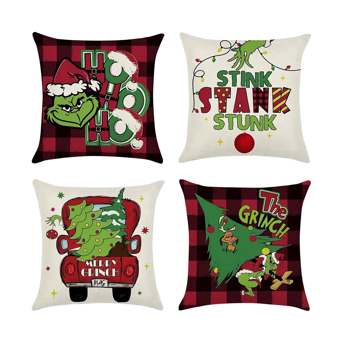 4PCS Christmas/Grinch Happy Throw Pillow Cover, 18 X 18 Inch, Winter Holiday Cushion Cover Sofa Decor