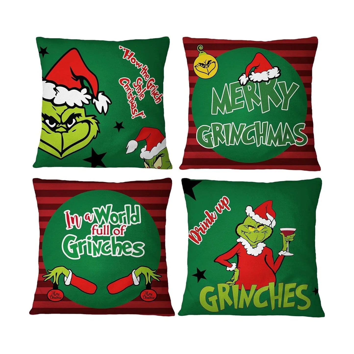 4PCS Christmas/Grinch Happy Throw Pillow Cover, 18 X 18 Inch, Winter Holiday Cushion Cover Sofa Decor