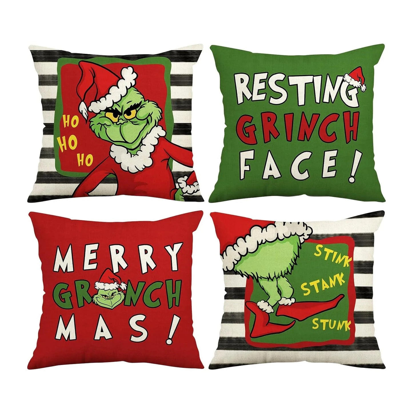 4PCS Christmas/Grinch Happy Throw Pillow Cover, 18 X 18 Inch, Winter Holiday Cushion Cover Sofa Decor