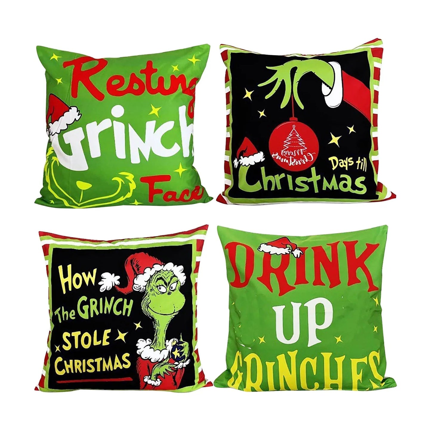 4PCS Christmas/Grinch Happy Throw Pillow Cover, 18 X 18 Inch, Winter Holiday Cushion Cover Sofa Decor