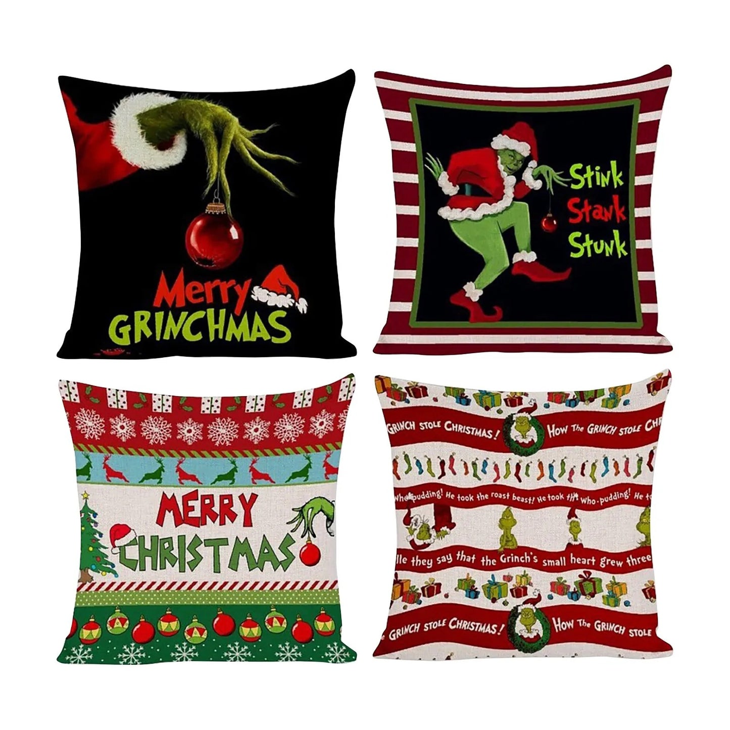 4PCS Christmas/Grinch Happy Throw Pillow Cover, 18 X 18 Inch, Winter Holiday Cushion Cover Sofa Decor