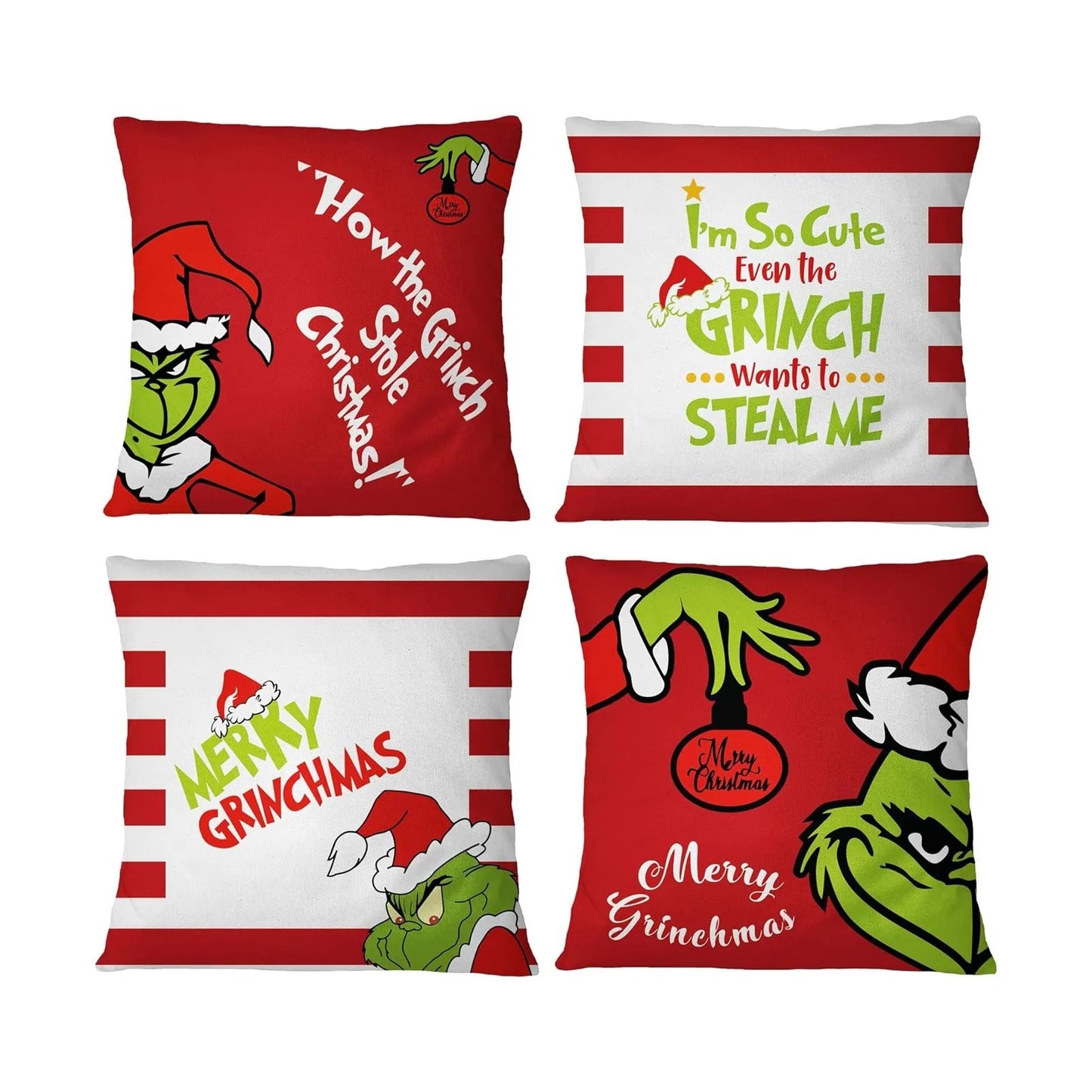 4PCS Christmas/Grinch Happy Throw Pillow Cover, 18 X 18 Inch, Winter Holiday Cushion Cover Sofa Decor